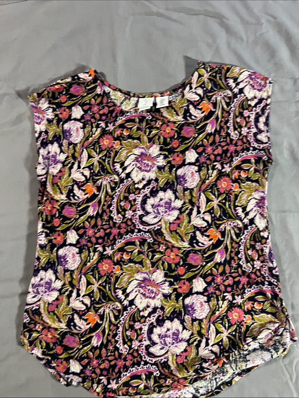 Joie Floral Cap-Sleeve Blouse in Black with Purple & Pink Accents